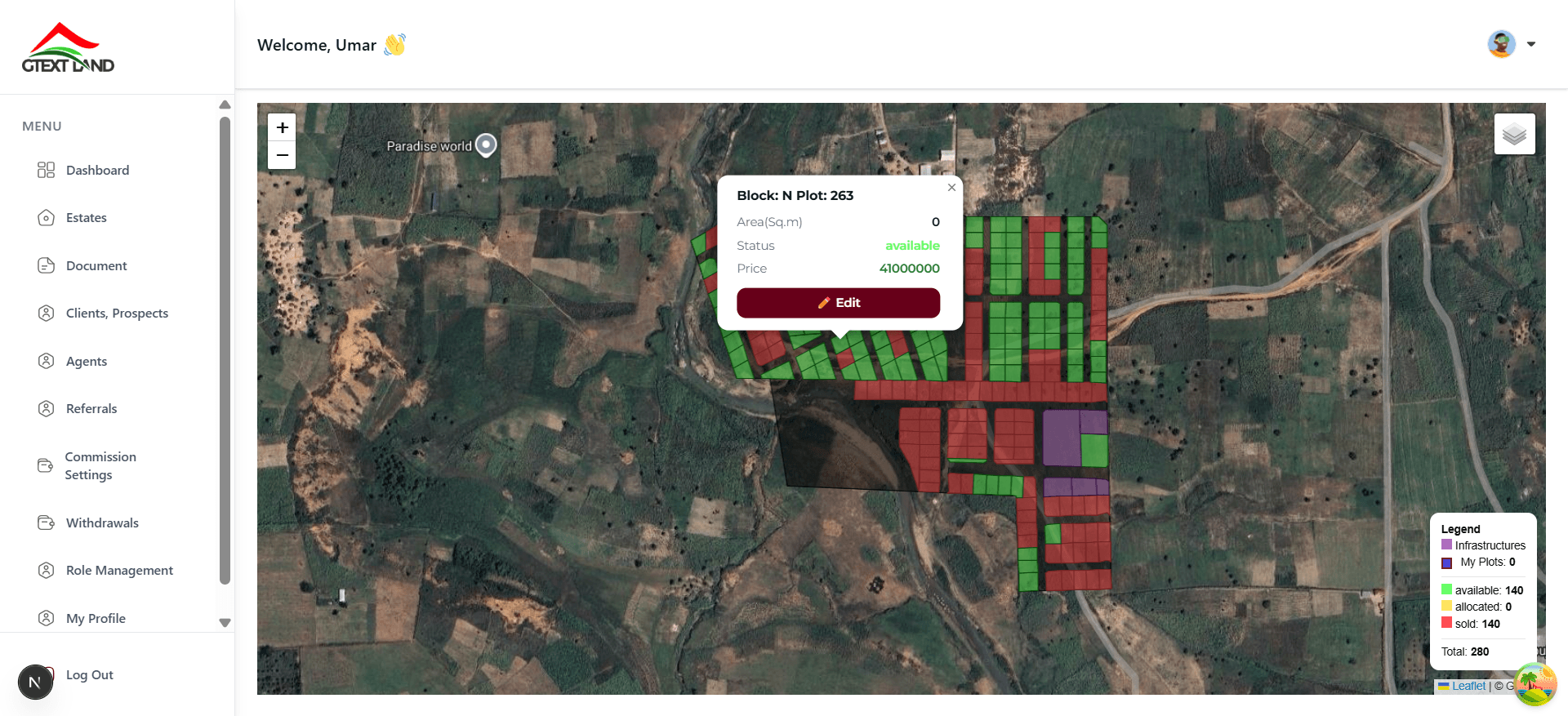 Sytemap plot editing interface for updating estate plot details and availability